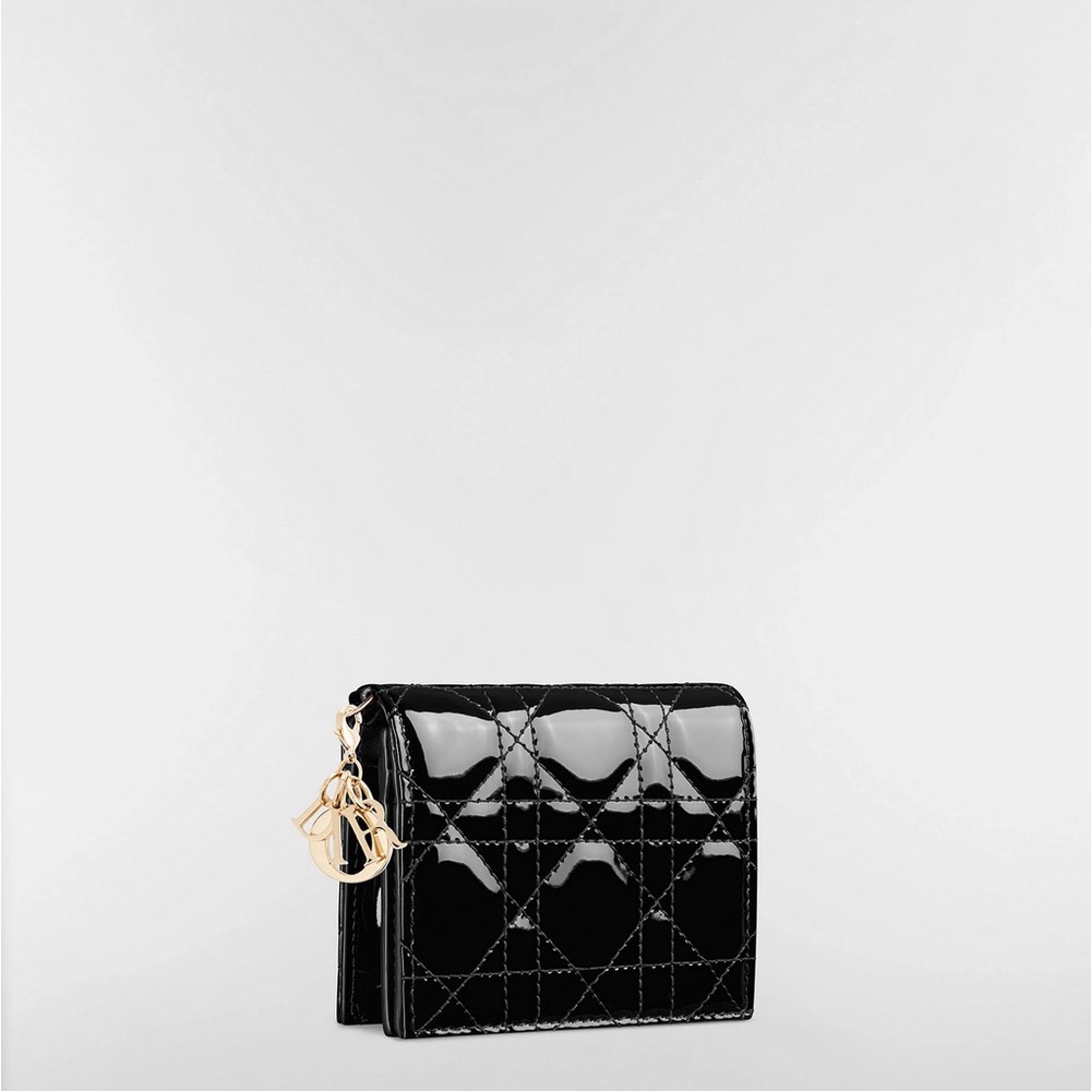 Dior Black Quilted Patent Leather Wallet with Gold Charm